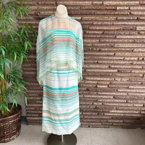 Nat Kaplan Couture Vintage 60s Silk Striped Caped Maxi Dress - Picture 2 of 13
